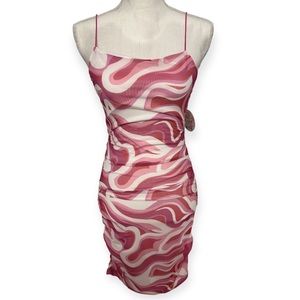 Boutique Pink/Red Marble Mesh OpenBack Sleeveless Bodycon Dress NWT